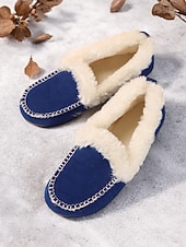 お買い得  レディース・スリッパ＆ビーチサンダル-女性用フェイクスエードモカシンスリッパ - フェイクファーの裏地付き、ステッチのディテールが施された暖かい屋内外用ハウスシューズ