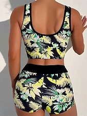 billiga Bikiniset-Dam Badkläder Bikini 2 st Pojkeben Baddräkt Öppen rygg Hög midja Smal Semester Standkläder Blommig Löv V-hals Ärmlös Baddräkter