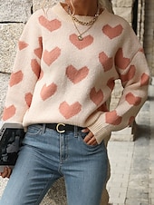 abordables Motifs graphiques et détails-Femme Pull Chandail Pull Décontractées Flexible Cœur A côtes Col Ras du Cou Tricoté manche longue Hauts réguliers Tricoter Extérieur du quotidien Fin de semaine Rose Claire Fuchsia Automne Hiver