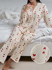 billiga Sovkläder till damer-kvinnors alla hjärtans pyjamasset hjärta avslappnad komfort hem daglig komfort varm v-ringad långärmad kofta byxa knapp upp resår midja höst vinter hem outfits