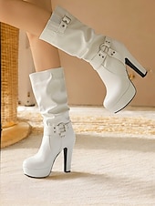 cheap Platform Boots-Women&#039;s White Knee-High Platform Boots with Buckle Straps and High Heels – Stylish Winter Boots for Bold Fashion Statements