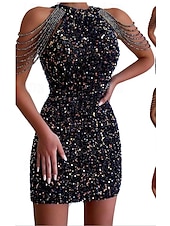 ieftine rochie mini neagra-Pentru femei Paiete Rochie neagra Rochie Mini Simplu Gâtul halter Fără manșon Toamnă Iarnă Negru Maro Deschis