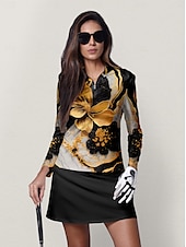 billiga Polos &amp;amp; kvartsdragkedjor-Dam Vandringspolotröja Svart+Guld Långärmad Överdelar Golfkläder för damer Kläder Outfits Bär kläder