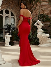 preiswerte ROT-Abendkleid im Meerjungfrauen-Stil, elegantes Kleid, formelle Schleppe, kurze Ärmel, schulterfrei, Tasche, Stretch-Crêpe mit Falten 2025