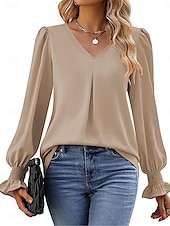 preiswerte Damen Arbeitsoberteile-Damen Hemd Glatt Modisch Modern Brautkleider schlicht Langarm V Ausschnitt Normale Oberteile Täglich Wochenende Rüsche Rote Grün Khaki Herbst Winter