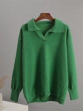 Women's Sweater Pullover Sweater Jumper Casual Soft Pure Color Ribbed Shirt Collar Knitted Long Sleeve Regular Tops Knit Outdoor Daily Weekend White Green Fall Winter 16