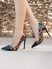 abordables Talons Aiguilles-talons aiguilles imprimé léopard pour femmes – escarpins à bout pointu en cuir verni rouge pour fêtes et événements nocturnes