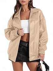 billiga Jackor i konstläder-Dam Imitationsläderjacka Vardaglig jacka Utomhus Gata Dagliga kläder Höst Vinter Normal Täcka Normal Håller värmen Andningsfunktion Stylish Ledigt Jacka Långärmad Slät Med fickor Blixtlås i fullängd