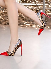 abordables Talons Aiguilles-talons aiguilles imprimé léopard pour femmes – escarpins à bout pointu en cuir verni rouge pour fêtes et événements nocturnes