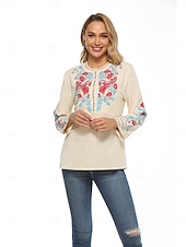 billiga Skjortor-Dam Boho skjorta Linneinspirerade skjortor Blommig Blomma Ledigt Långärmad Biskop Rund hals Hög hals Vanliga toppar Alla hjärtans dag Arbete Dagligen Broderad Beige Vår, Höst, Vinter, Sommar