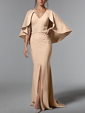 cheap CHAMPAGNE-Black Champagne Mermaid Evening Gown Stretch Crepe Glittering Dress Formal Floor Length Sleeveless V Neck Stretch Crepe with Rhinestone Shawl 2025