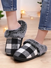 ieftine Flip-Flops de Damă-papuci de damă în carouri căptușiți cu lână - pantofi de casă roșii și negri, în carouri de bivol, cu guler de blană artificială pentru confortul iernii
