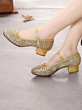 abordables Chaussures de danses latines-chaussures de danse Mary Jane à paillettes dorées pour femmes – chaussures de salon à talon bas pour événements spéciaux et spectacles