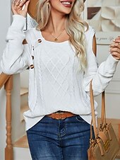 billige Solide farger-Dame Genser Pullover genser Fritid Myk Ren farge Kabel Crew-hals Knapper Strikket Kald skulder Langermet Vanlige topper Strikke utendørs Daglig Helg Hvit Fuksia Høst Vinter
