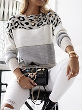 billige Grafiske mønstre og detaljer-Dame Genser Pullover genser Fritid Myk Leopard Riflet Crew-hals Strikket Trykt mønster Langermet Vanlige topper Strikke utendørs Daglig Helg Gul Rosa Høst Vinter