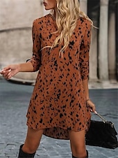 abordables Robes-chemises-robe longue léopard à col en V et manches longues pour femme printemps automne