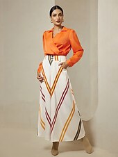 cheap Wide Leg &amp; High Waisted-Satin Multi Color Stripe Wide Leg Casual Daily Pants