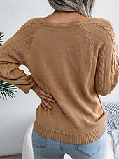 billiga Solida färger-Dam Tröja Pullover tröja Ledigt Mjukt Ren färg Ribbad Fyrkantig hals Knappar Stickat Långärmad Vanliga toppar Sticka Utomhus Dagligen Helgen Vit Kaki Höst Vinter