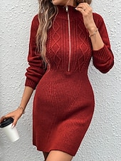 olcso Kötött ruhák-Női Pulóverruha Elegáns Divat Napi Tömör szín Kábel Fél cipzár Kötött Hosszú ujj Hosszú felsők Kötött Előírásos Munka Rubin Ősz Tél