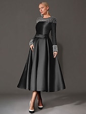 cheap Cocktail Dresses-A-Line Cocktail Dresses Elegant Dress Formal Tea Length Long Sleeve Jewel Neck Satin with Pearls Dresses