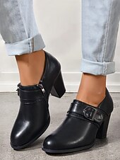 cheap Block Heels-Women&#039;s Faux Leather Buckle Strap Heeled Shoes – Stylish Block Heels for Casual and Office Wear