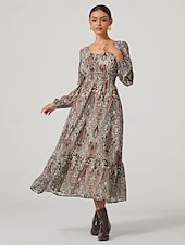 billiga Blommiga klänningar-Dam Midiklänning Vintage klänning Boho Chic klänningar Elegant bohemliv Vintage Biskop Dagligen Normal Grafisk Färgblock Långärmad V-hals Colourful Höst Vinter