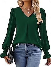 preiswerte Damen Arbeitsoberteile-Damen Hemd Glatt Modisch Modern Brautkleider schlicht Langarm V Ausschnitt Normale Oberteile Täglich Wochenende Rüsche Rote Grün Khaki Herbst Winter
