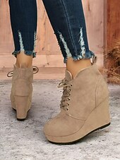 cheap Ankle Boots-Women&#039;s Faux Suede Wedge Ankle Boots with Lace-Up Design - Comfortable Platform Boots for Casual and Everyday Wear