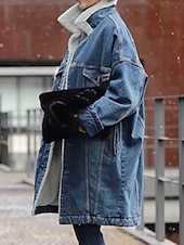 billiga Casual Parka-Dam Fleece-jacka Teddyrock Jeansjacka Håller värmen Andningsfunktion Ficka Fleecefodrad Ledigt Slät Semester Gata Dagliga kläder Utekväll Enkelknäppt Lång Nedvikt Normal Långärmad Ytterkläder Blå