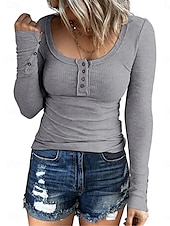 billiga Enkel t-shirt-Dam T-shirt Slät Mode Modern Ledigt Långärmad Rund hals Vanliga toppar Dagligen Helgen Knappar Blå Brun Grå Höst Vinter