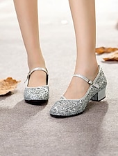abordables Chaussures de danses latines-chaussures de danse Mary Jane à paillettes dorées pour femmes – chaussures de salon à talon bas pour événements spéciaux et spectacles