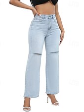 お買い得  ストレートレッグパンツ-女性用 標準 ジーンズ ストリートファッション スタイリッシュ 全長 ハイウエスト 純色 ポケット 快適 通気性 ソフト マイクロエラスティック ストリート 日常 ライトブルー ダークブルー 春 &amp; 秋 ルーズフィット