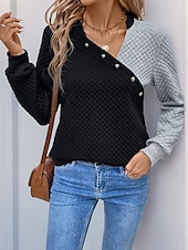 preiswerte Texturierte Kapuzenpullover &amp; Sweatshirts-Damen Pullover Uni V-Ausschnitt Knöpfe Langarm Schwarz Frühling Herbst