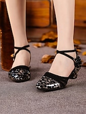 cheap Latin Shoes-Women&#039;s Leopard Print Closed Toe Dance Heels with Cross-Strap and Soft Suede Sole – Ideal for Latin, Ballroom, and Salsa Dancing
