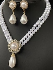abordables Día de San Valentín-Conjunto de gargantilla de perlas vintage para mujer con colgante de diamantes de imitación: elegante joyería de perlas en capas para bodas y eventos formales