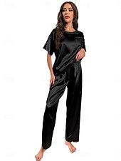 billiga Pajamasättare-pyjamas för kvinnor 2 stycken ren färg mode hem andas crew neck kortärmad t-shirt byxor sommar hem outfits