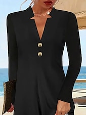 cheap Mini Black Dress-Women&#039;s Black Dress Mini Dress Button Elegant V Neck Long Sleeve Black Color