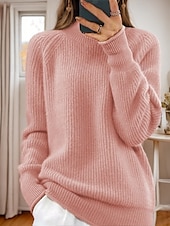 preiswerte Grafische Muster und Details-Damenpullover Pullover Rollkragenpullover Strickpullover Raglanärmel Frühling Herbst Zuhause Alltag Urlaub Alltag weich Langarm einfarbig gelb rosa