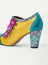 olcso Block Heels-női színes virágos, fűzős blokksarkú cipő - vintage stílusú bőr bokacsizma dekoratív virág díszítéssel