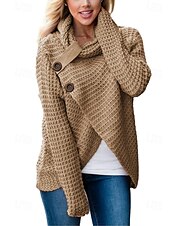 billiga Tröjor och koftor-dam tröja tröja tröja turtleneck stickad knapp stickad höst vinter utomhus nyår mode avslappnad mjuk långärmad enfärgad khaki