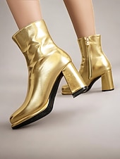 cheap Ankle Boots-Women&#039;s Gold Metallic Ankle Boots – Block Heel Shiny Fashion Boots for Parties and Special Occasions