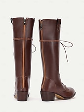 tanie Rijlaarzen-damskie, brązowe, skórzane, sznurowane, sięgające do kolan buty vintage, rustykalne, kowbojskie buty jeździeckie na przygody na świeżym powietrzu