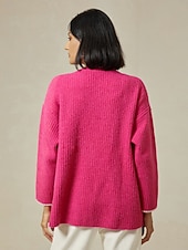 billiga Koftor &amp; Ytterkläder-Dam Kofta Nedvikt Ribbad Sticka Ullblandning Färgblock Drop Shoulder Höst vinter Ledigt / vardag Ledigt vardag Långärmad Kontrastfärg Rosenröd S M L