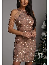 ieftine rochie mini neagra-Pentru femei Paiete Rochie neagra Rochie Mini Simplu Gâtul halter Fără manșon Toamnă Iarnă Negru Maro Deschis