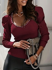 preiswerte Elegante Oberteile-Damen Hemd Bluse Feste Farbe Basic Brautkleider schlicht Langarm Puffärmel V Ausschnitt Normale Oberteile Täglich Patchwork Perlenbesetzt Schwarz Wein Grün Herbst Winter