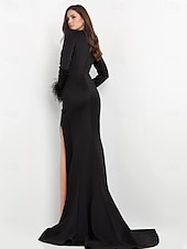 cheap BLACK-Black Dress Sheath Evening Gown Elegant Dress Tuxedo Dress Formal Floor Length Long Sleeve V Neck Pocket Stretch Crepe with Feather