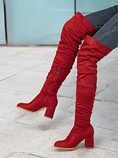 tanie Buty modowe-damskie zamszowe buty za kolano na klockowym obcasie – stylowy, luźny design z zapięciem na suwak, idealny na zimową modę