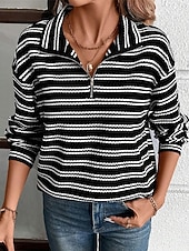 Women's Shirt Blouse Striped Casual Long Sleeve Shirt Collar Regular Tops Daily Zipper Print Black Fall Winter 8