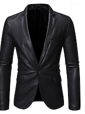 cheap Men&#039;s Blazers-Black Men&#039;s PU Leather Blazer Office Work Street Pocket Fashion Casual Spring &amp; Fall Polyester Plain Pocket Casual / Daily Single Breasted Blazer