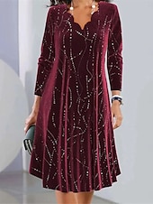 preiswerte abendkleider-Damen Paillettenkleid Midikleid Pailletten Brautkleider schlicht Gezackter Hals Langarm Wein Farbe